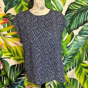 Chaus New York S Dark Blue White Abstract Print Preppy Teacher Office Blouse
